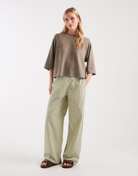 ASOS DESIGN Petite textured pull on straight leg trousers in khaki stripe - view 1