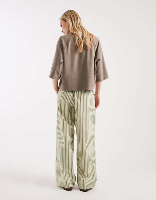 ASOS DESIGN Petite textured pull on straight leg trousers in khaki stripe, 3 of 5