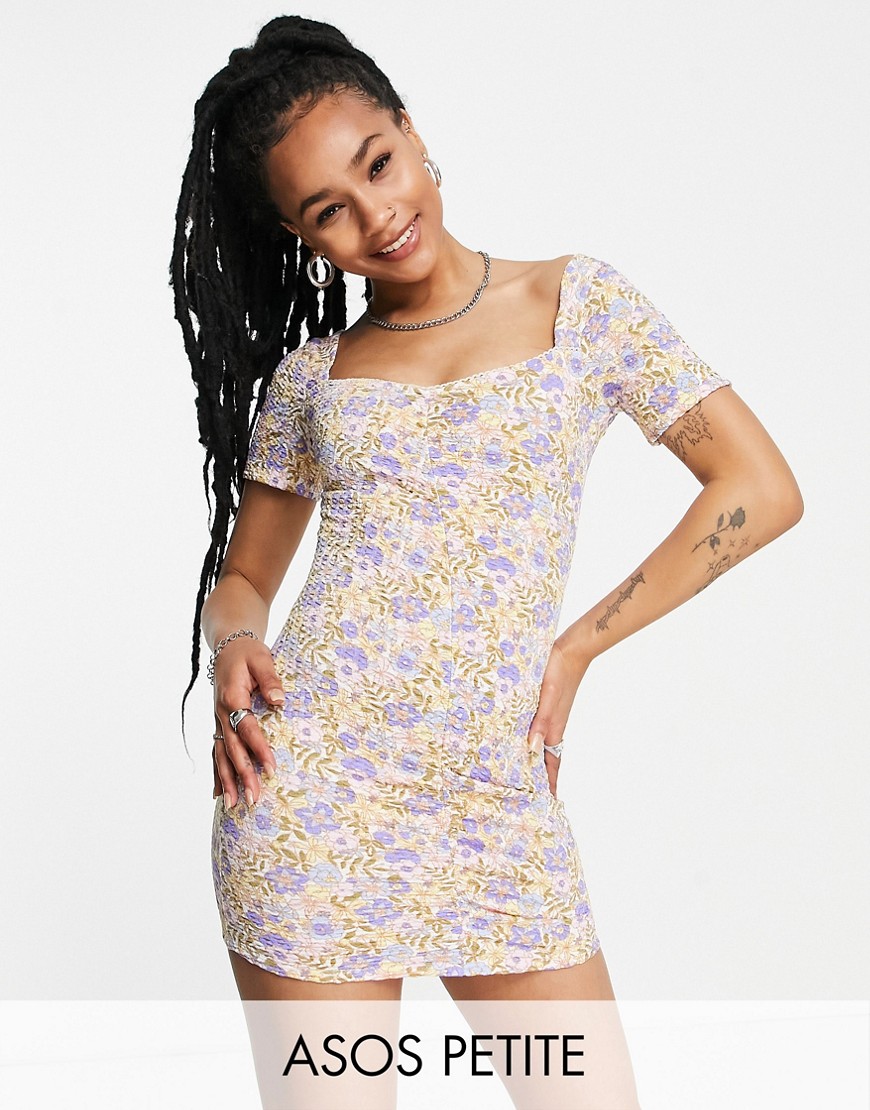 Asos Petite Asos Design Petite Textured Ruched Mini Dress With Short Sleeves In Pastel Blue Floral Print-multi