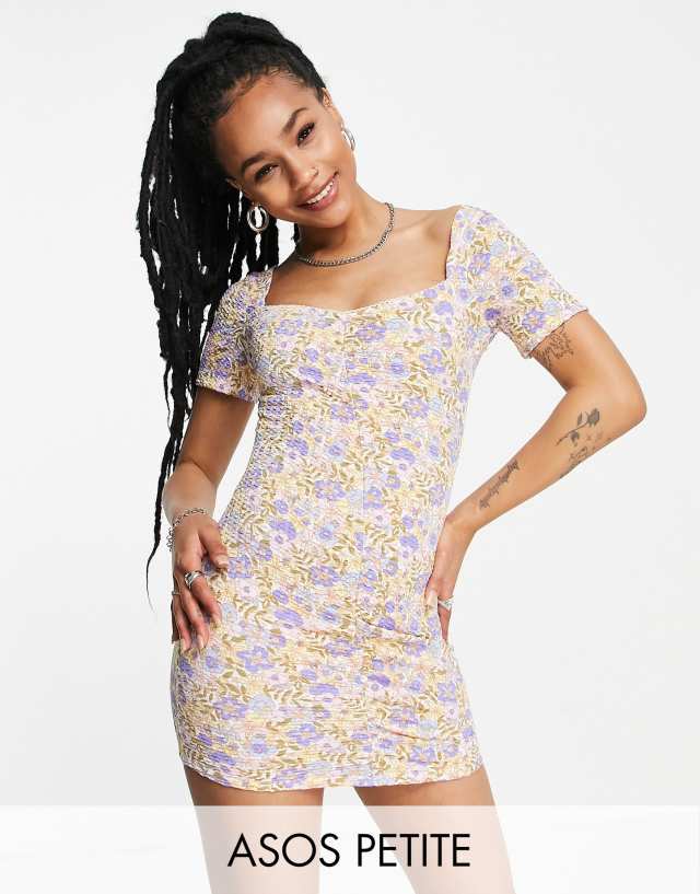 ASOS DESIGN Petite textured ruched mini dress with short sleeves in pastel blue floral print