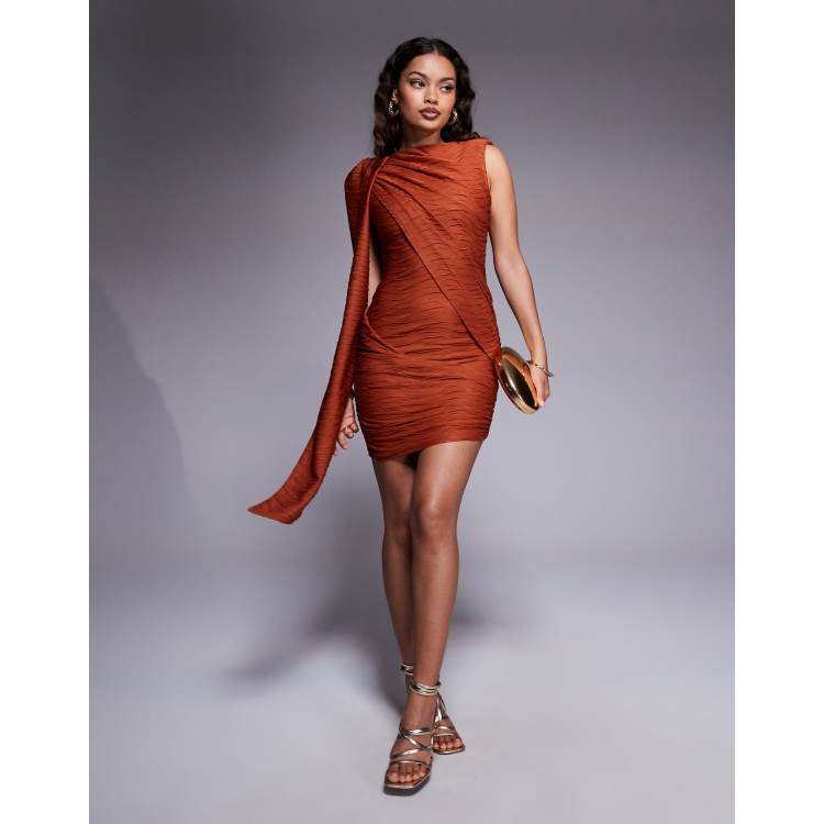 ASOS DESIGN Petite textured slash neck mini dress with draped sash detail  in orange | ASOS