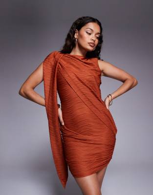 Asos Petite Asos Design Petite Textured Slash Neck Mini Dress With Draped Sash Detail