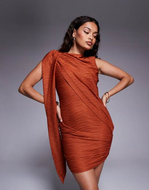 ASOS DESIGN Petite textured slash neck mini dress with draped sash detail in orange