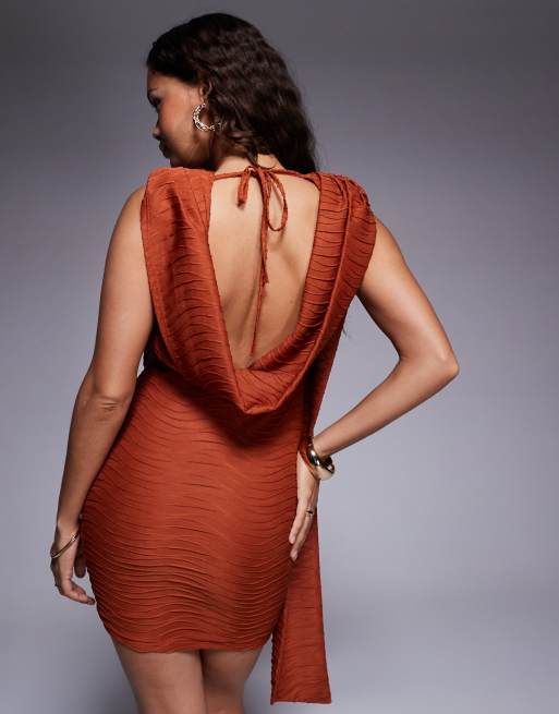 ASOS DESIGN Petite textured slash neck mini dress with draped sash detail in orange, 3 of 4