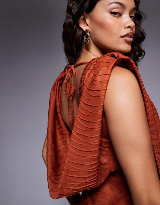 ASOS DESIGN Petite textured slash neck mini dress with draped sash detail in orange