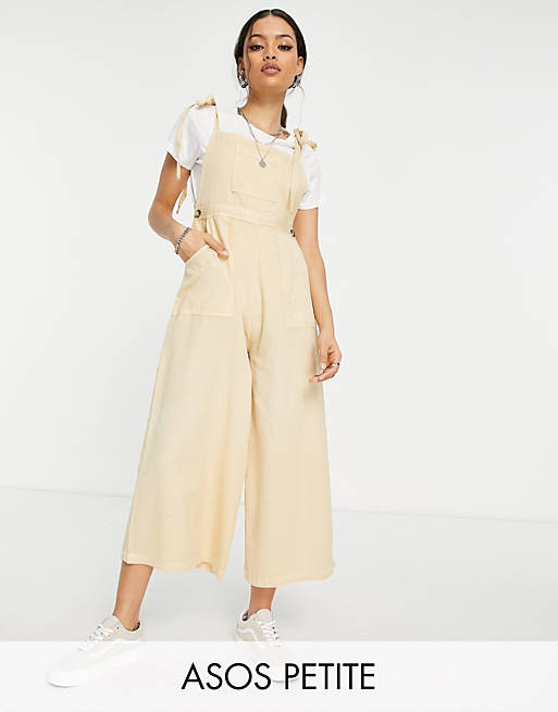 ASOS DESIGN petite textured tie shoulder overalls in washed stone Asos Women Clothing Dungarees 