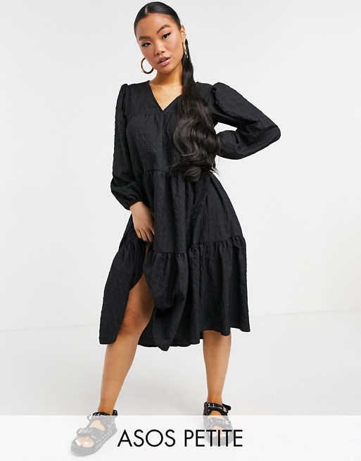 ASOS DESIGN Petite textured tiered midi smock dress in black