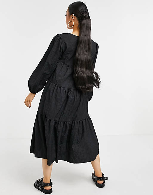 Dresses Petite textured tiered midi smock dress in black 