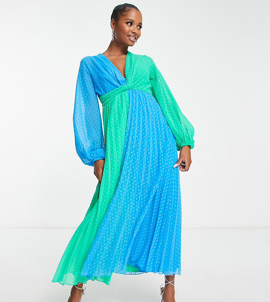 ASOS DESIGN Petite textured twist front pleated midi dress in green and blue color block-Multi
