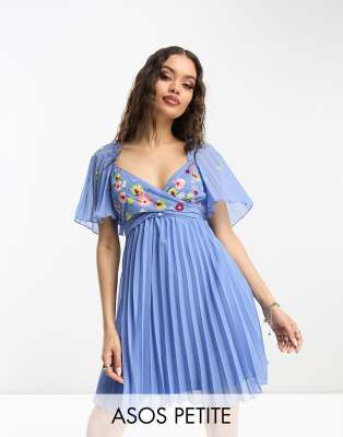 ASOS DESIGN Petite tie back angel sleeve pleated mini dress with  embroidered bust in cornflower blue