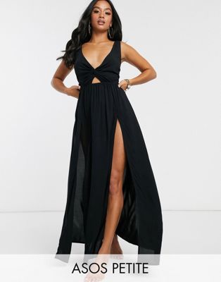 ASOS DESIGN PETITE tie back beach maxi dress with twist front detail in black