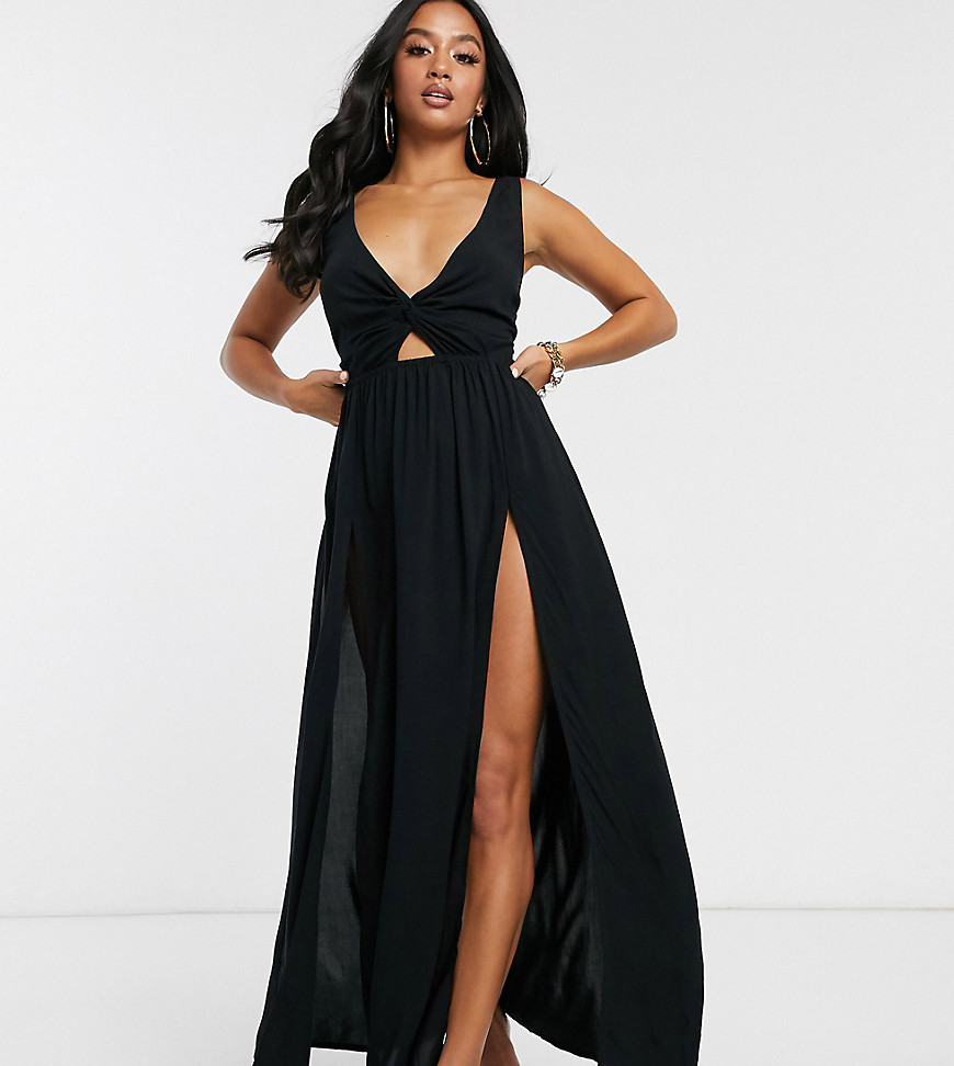ASOS DESIGN PETITE tie back beach maxi dress with twist front detail in black