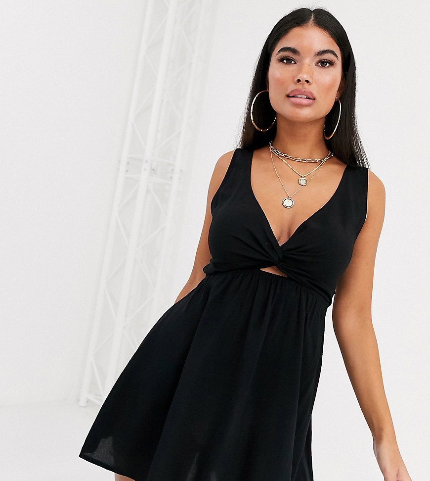 ASOS DESIGN PETITE tie back beach sundress with twist front detail in black