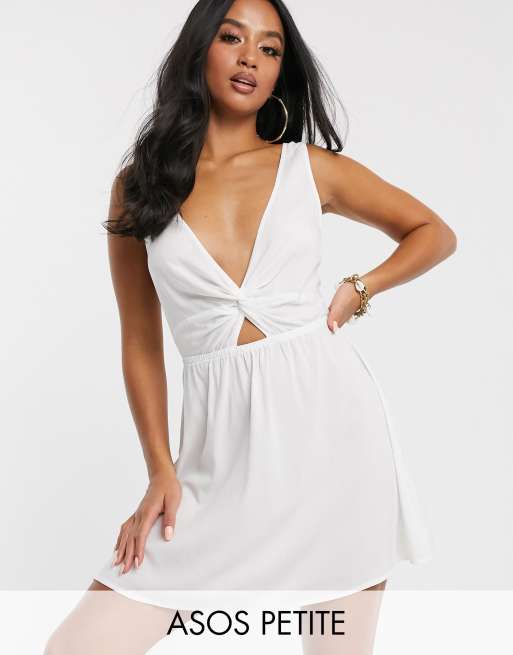 ASOS DESIGN PETITE tie back beach sundress with twist front detail in white