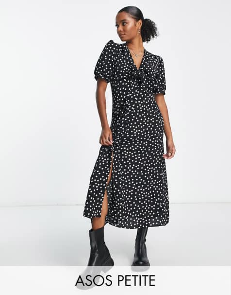 ASOS DESIGN Petite tie front button through midi dress in mono spot - view 1