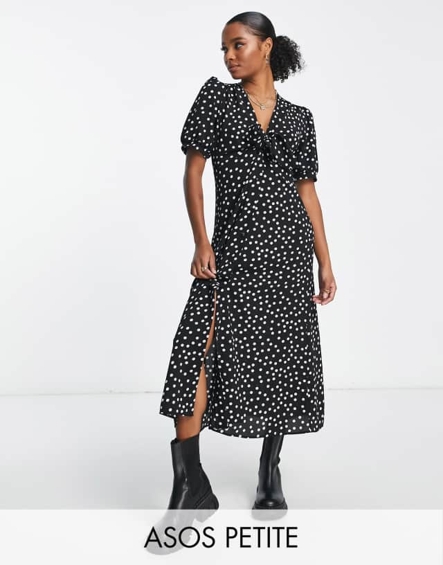 ASOS DESIGN Petite tie front button through midi dress in mono spot