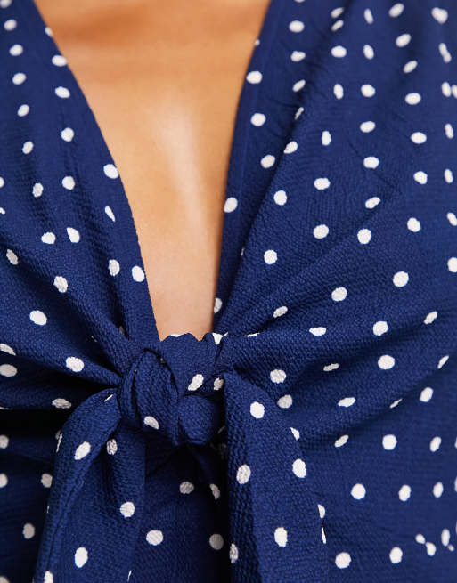 ASOS DESIGN Petite tie front button through mini dress in navy spot ASOS