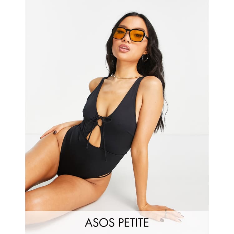 ASOS DESIGN Petite tie front cut out swimsuit in black