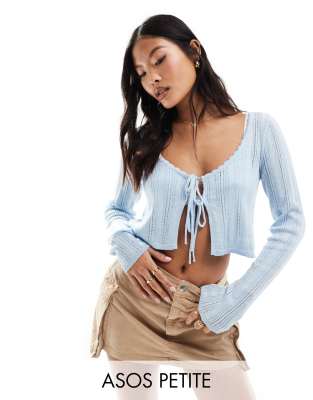 Asos Design Petite Tie Front Pointelle Crop Cardigan In Baby Blue