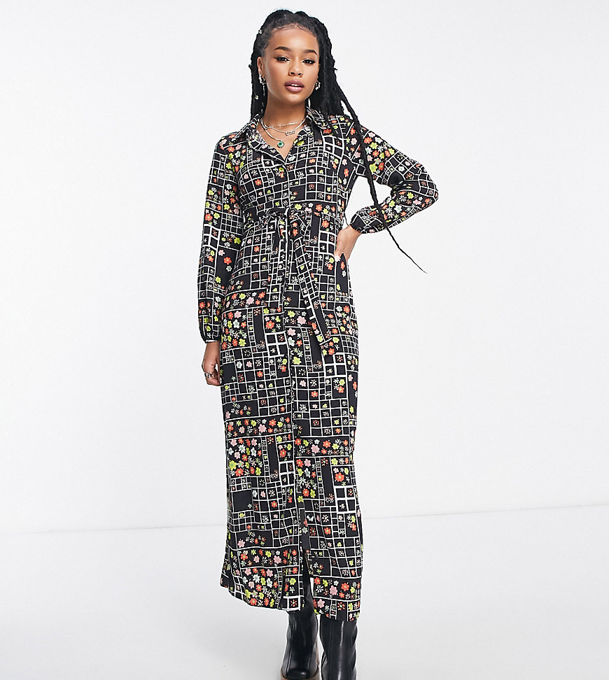 Asos Petite Asos Design Petite Tie Front Shirt Maxi Dress In Black Grid Floral Print-multi