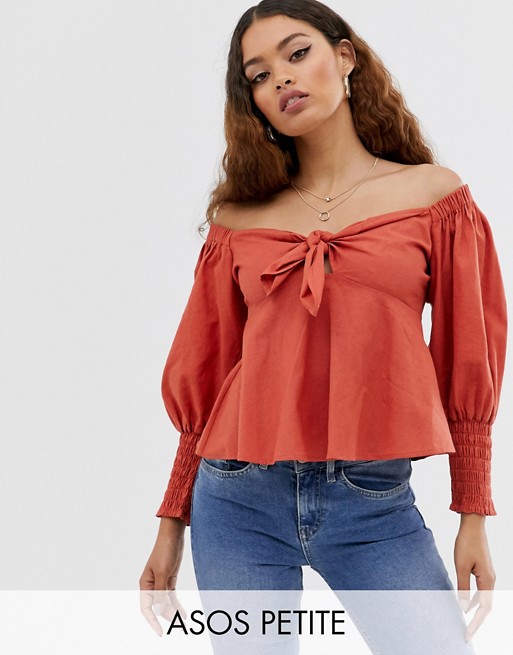 ASOS DESIGN Petite tie front top with shirred sleeves