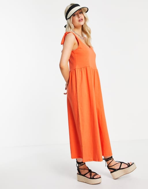 ASOS DESIGN petite tie shoulder smock jumpsuit in pop orange