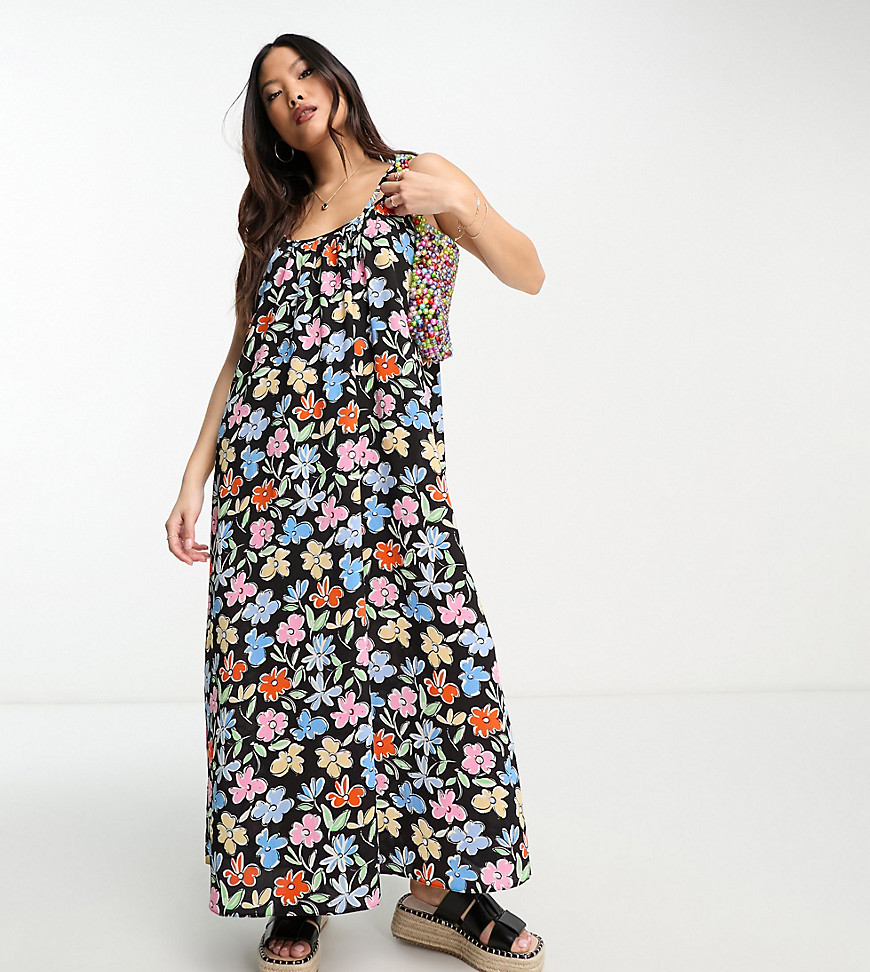Asos Petite Asos Design Petite Tie Strap Detail Trapeze Maxi Slip Dress In Multi Floral Print