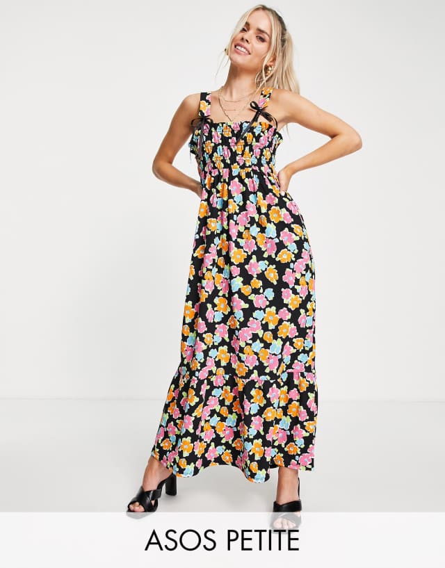 ASOS DESIGN Petite tie strap shirred bust maxi dress in black bright floral print