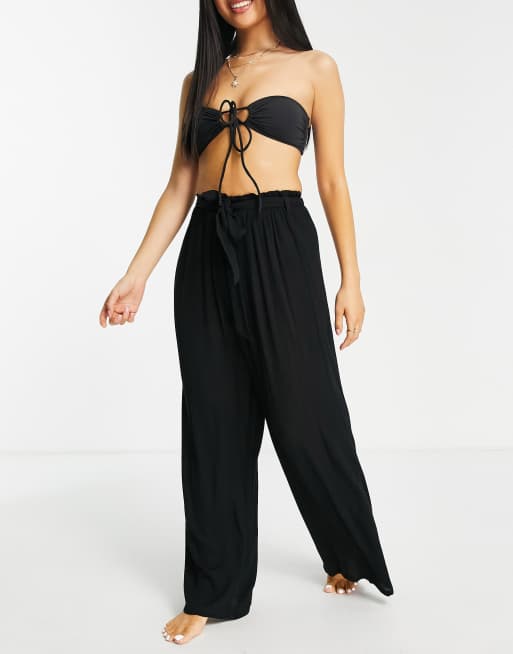 ASOS DESIGN petite crinkle wide leg palazzo beach pant in black