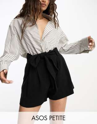 ASOS DESIGN Petite tie waist short with linen in black