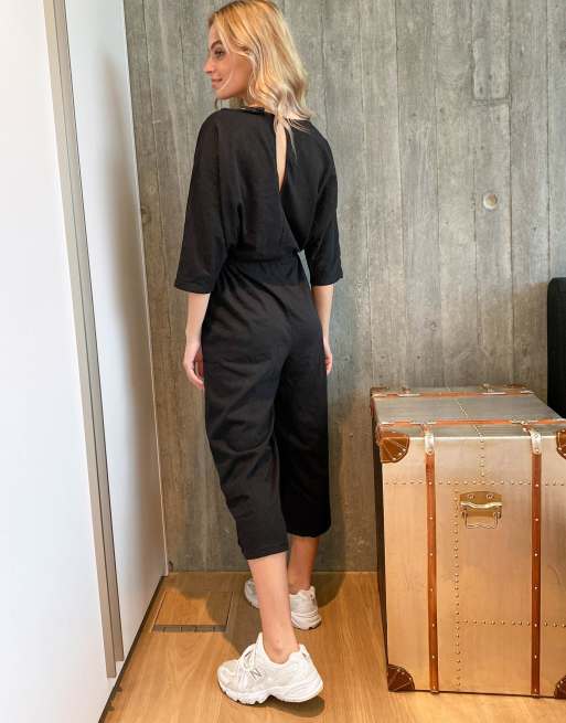 ASOS DESIGN petite tie waist slub jumpsuit in black, 2 of 4