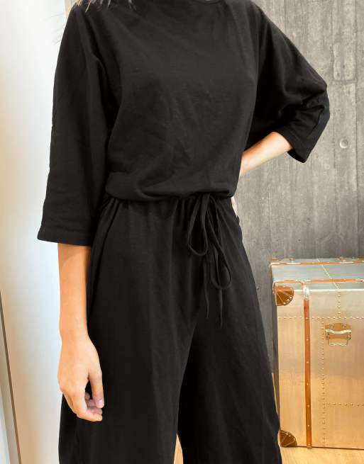 ASOS DESIGN petite tie waist slub jumpsuit in black, 3 of 4