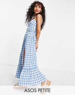 ASOS DESIGN Petite tiered belted maxi sundress in blue gingham
