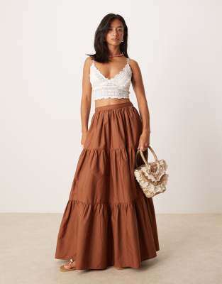 [ASOS Petite] ASOS DESIGN Petite tiered boho maxi skirt in brown 16 Brown