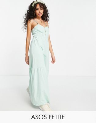 ASOS DESIGN Petite tiered cami maxi dress with faux shell buttons in pale green - ASOS Price Checker