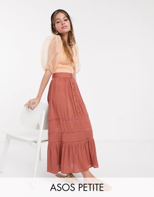 ASOS DESIGN Petite tiered crinkle maxi skirt with lace insert in brown-Multi