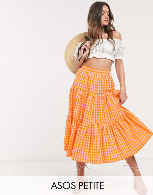 ASOS DESIGN Petite tiered gingham midi skirt in orange