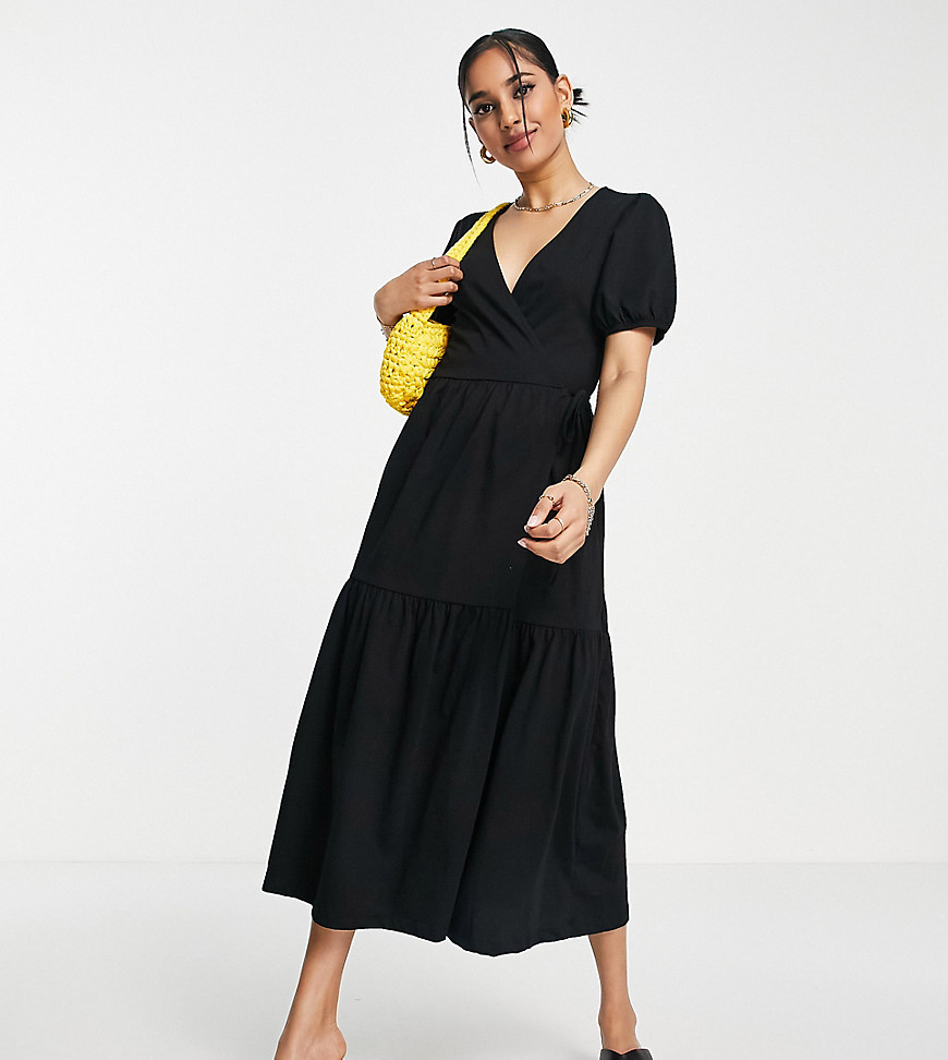Asos Design Petite Tiered Midi Wrap Dress With Puff Sleeve In Black