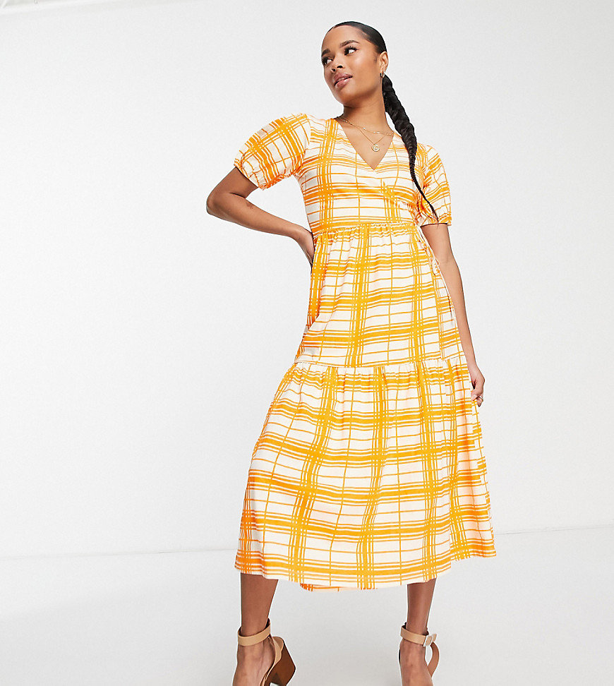 ASOS DESIGN Petite tiered midi wrap dress with puff sleeve in orange check-Multi