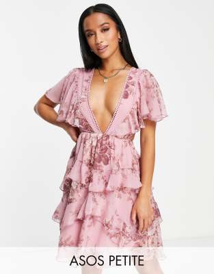 ASOS DESIGN Petite tiered mini dress with lace insert and open back in peach floral print-Multi