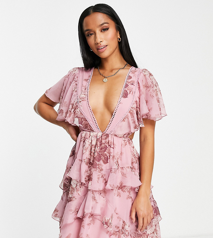 Asos Petite Asos Design Petite Tiered Mini Dress With Lace Insert And Open Back In Peach Floral Print-multi