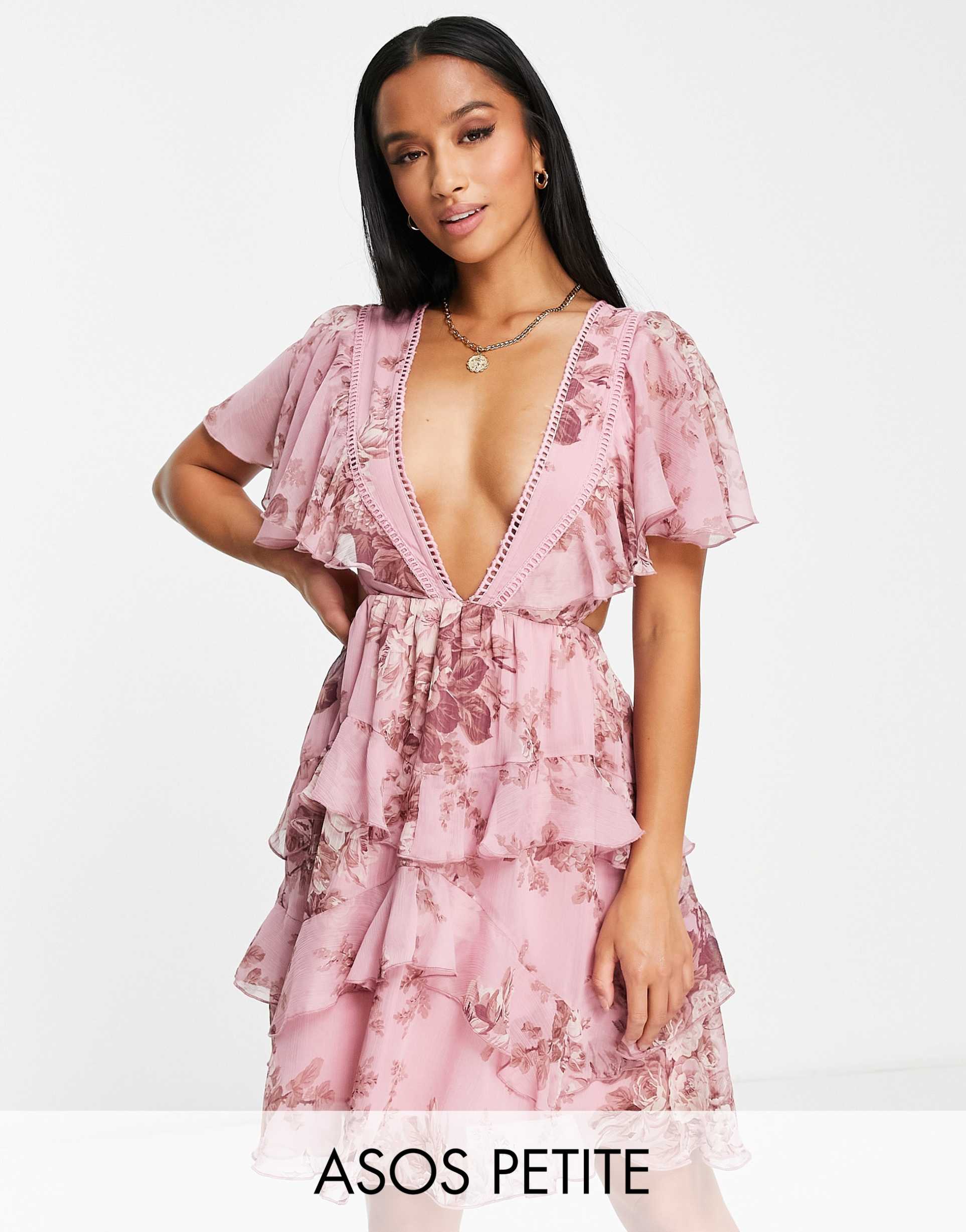 asos design petite tiered mini dress with lace insert and open back in peach floral print