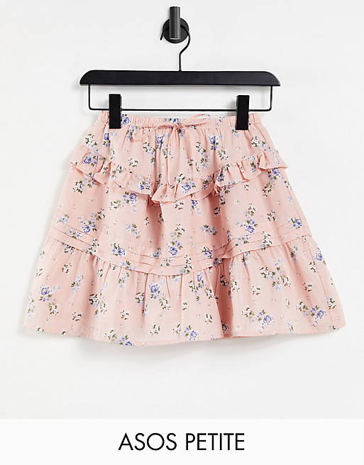 ASOS DESIGN Petite tiered mini skirt in pink ditsy floral print