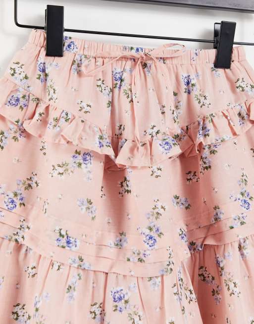 ASOS DESIGN Petite tiered mini skirt in pink ditsy floral print, 3 of 4