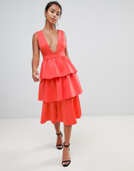 Asos design deep plunge 2025 tiered midi prom dress