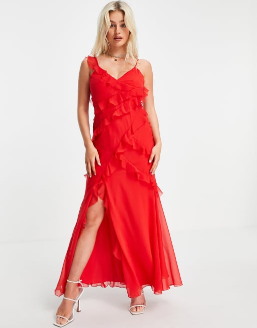 ASOS DESIGN tiered ruffle cami slip maxi dress in Red