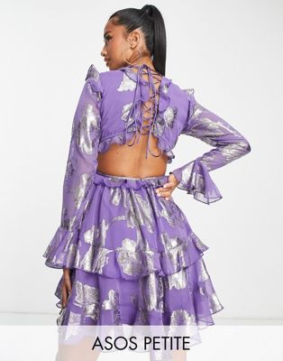 ASOS DESIGN Petite tiered ruffle floral jaquard mini dress with ruffle detail skirt in purple - ASOS Price Checker