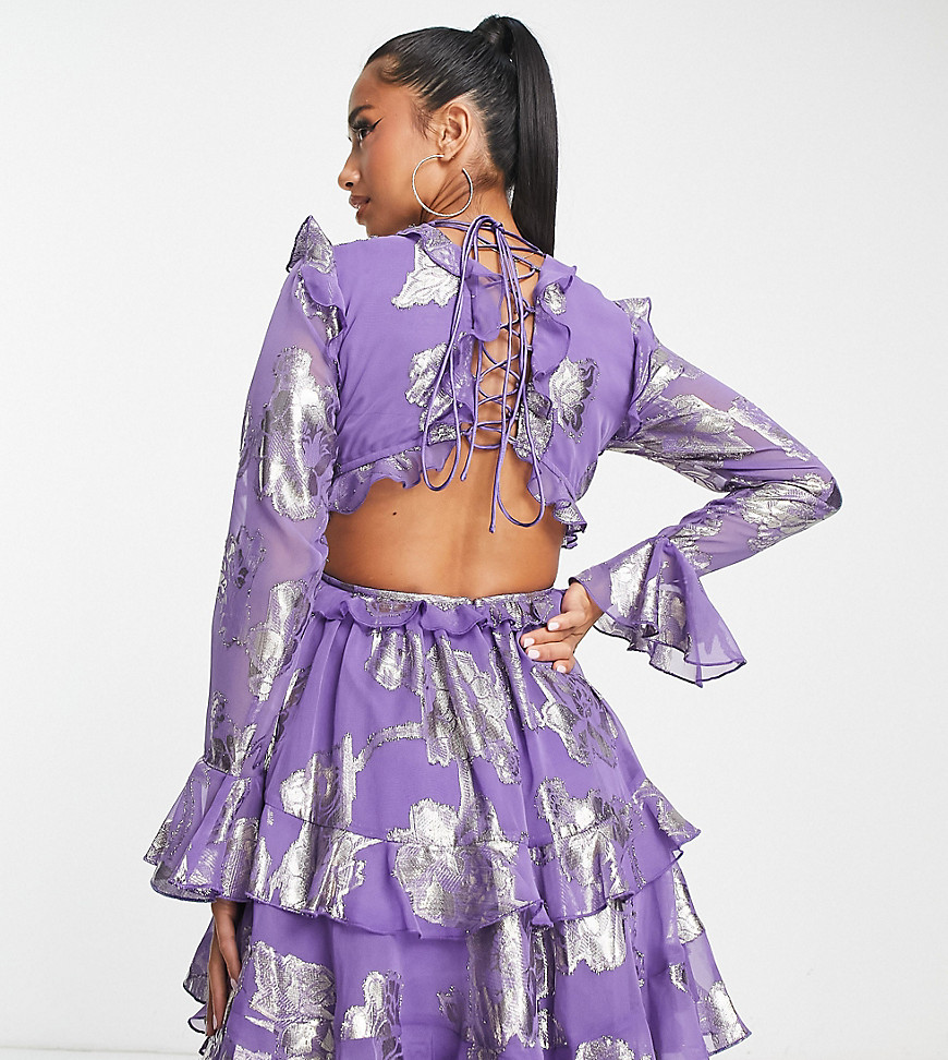 ASOS DESIGN Petite tiered ruffle floral jaquard mini dress with ruffle detail skirt in purple-Blue