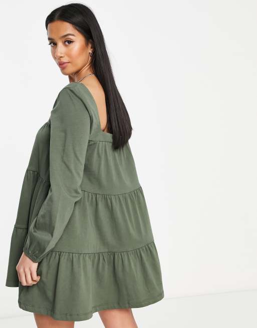 ASOS DESIGN Petite tiered square neck smock mini dress in khaki, 2 of 4