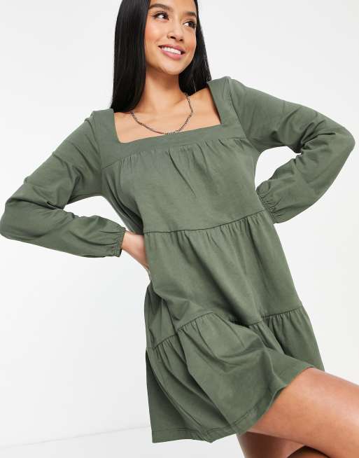 ASOS DESIGN Petite tiered square neck smock mini dress in khaki, 4 of 4